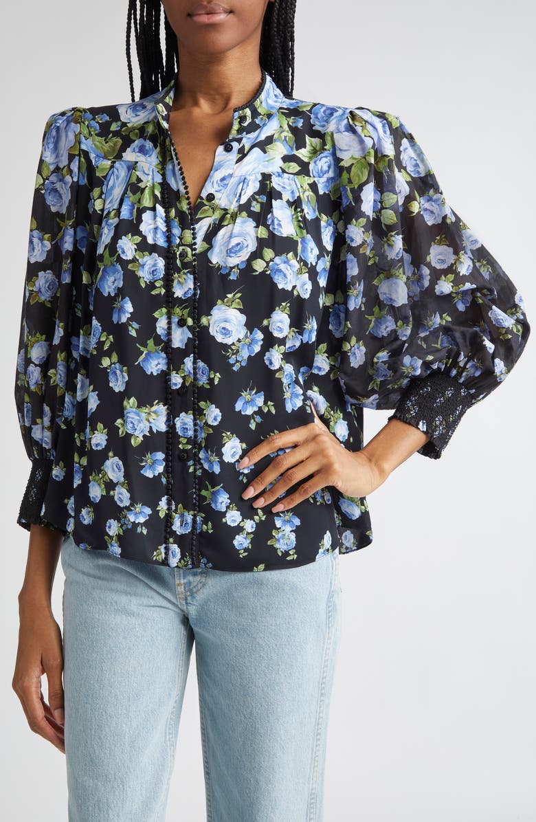 Alice + Olivia Cora Floral Voluminous Sleeve Shirt, Alternate, color, 