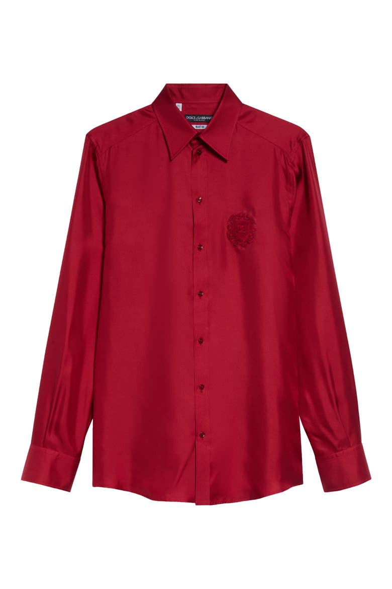 Martini Fit Embroidered Crest Silk Twill Button-Up Shirt, Alternate, color, R0012 ROSSO SCURO