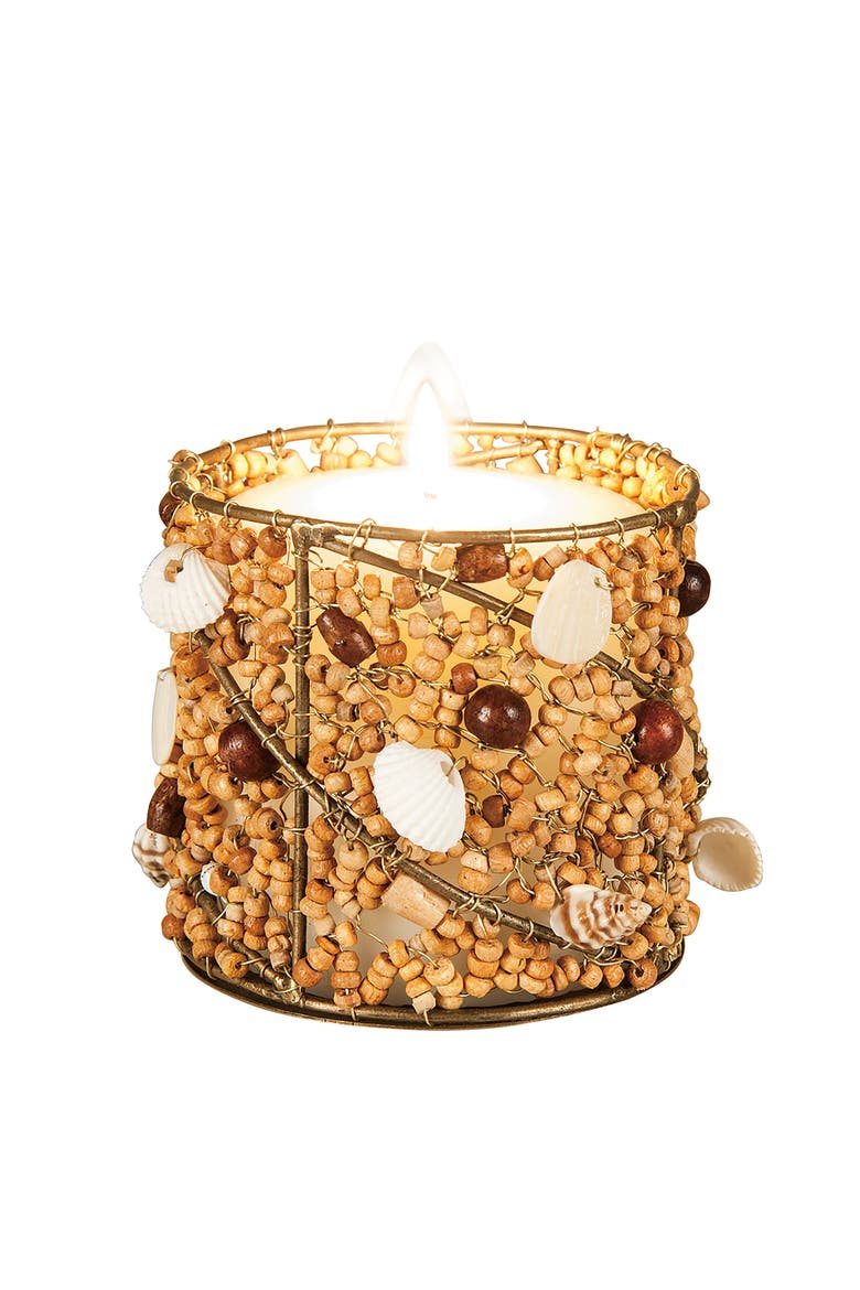 Natural Beaded Votive Holder Decor, Main, color, Brown