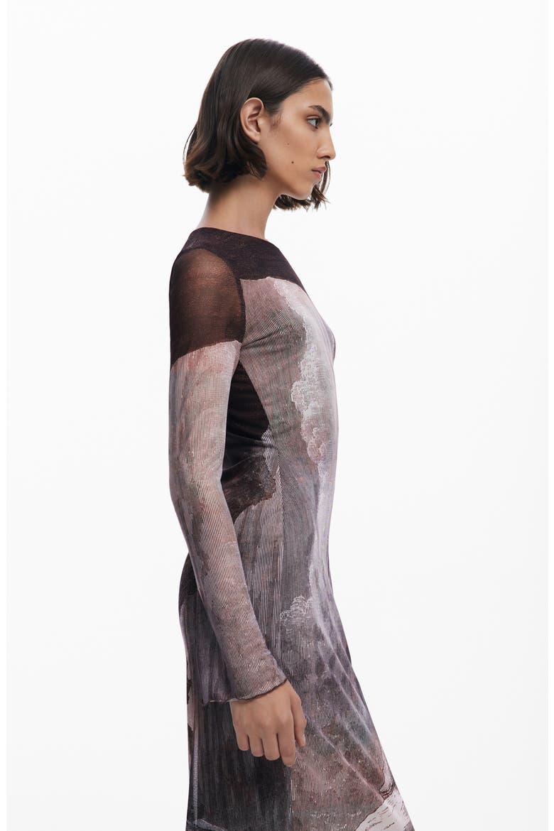 Abstract Print Long Sleeve Mesh Midi Dress, Alternate, color, DARK BROWN