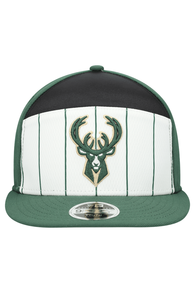 Youth New Era  White/Hunter Green Milwaukee Bucks 2025 NBA Tip Off Split Panel 9FIFTY Snapback Hat, Alternate, color, White