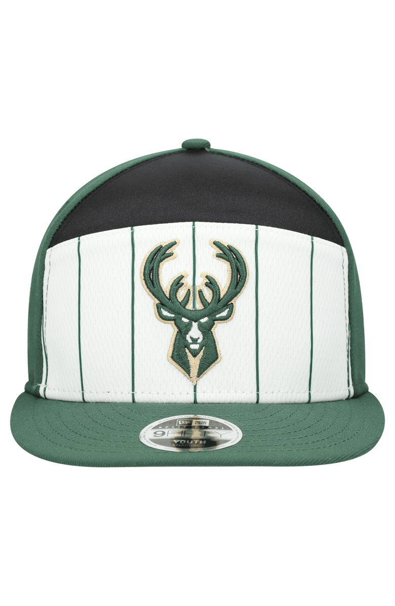 New Era Youth New Era  White/Hunter Green Milwaukee Bucks 2025 NBA Tip Off Split Panel 9FIFTY Snapback Hat, Alternate, color, White