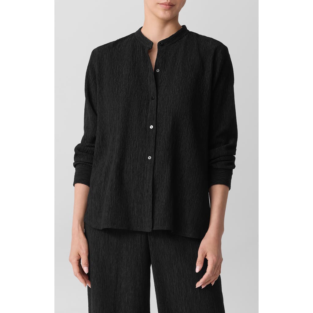 Eileen Fisher Crinkled Mandarin Collar Button-up Shirt In Black