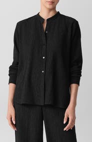 Eileen Fisher Crinkled Mandarin Collar Button-Up Shirt