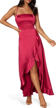 bebe Lace-Up Back Ruffle Satin Maxi Dress