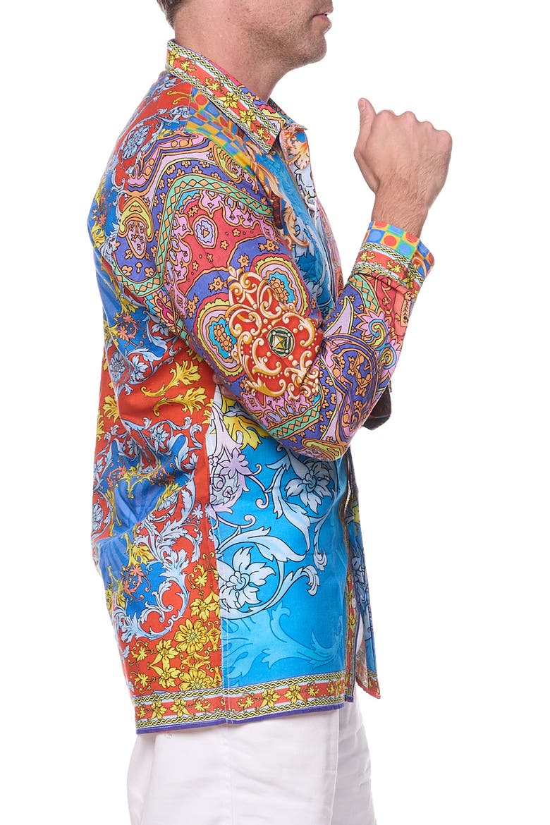 Filigree Print Linen & Cotton Blend Button-Up Shirt, Alternate, color, BLUE