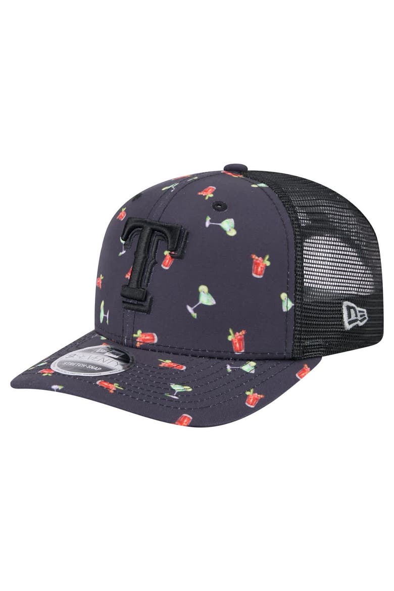 Men's New Era Black Texas Rangers Adventure Drinks Pattern 9SEVENTY Stretch-Snap Hat, Main, color, Navy