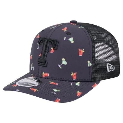 Men's New Era Black Texas Rangers Adventure Drinks Pattern 9SEVENTY Stretch-Snap Hat