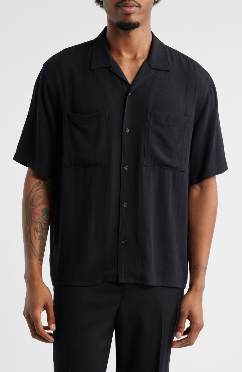 Open Edit Solid Camp Shirt, Main, color, Black Caviar