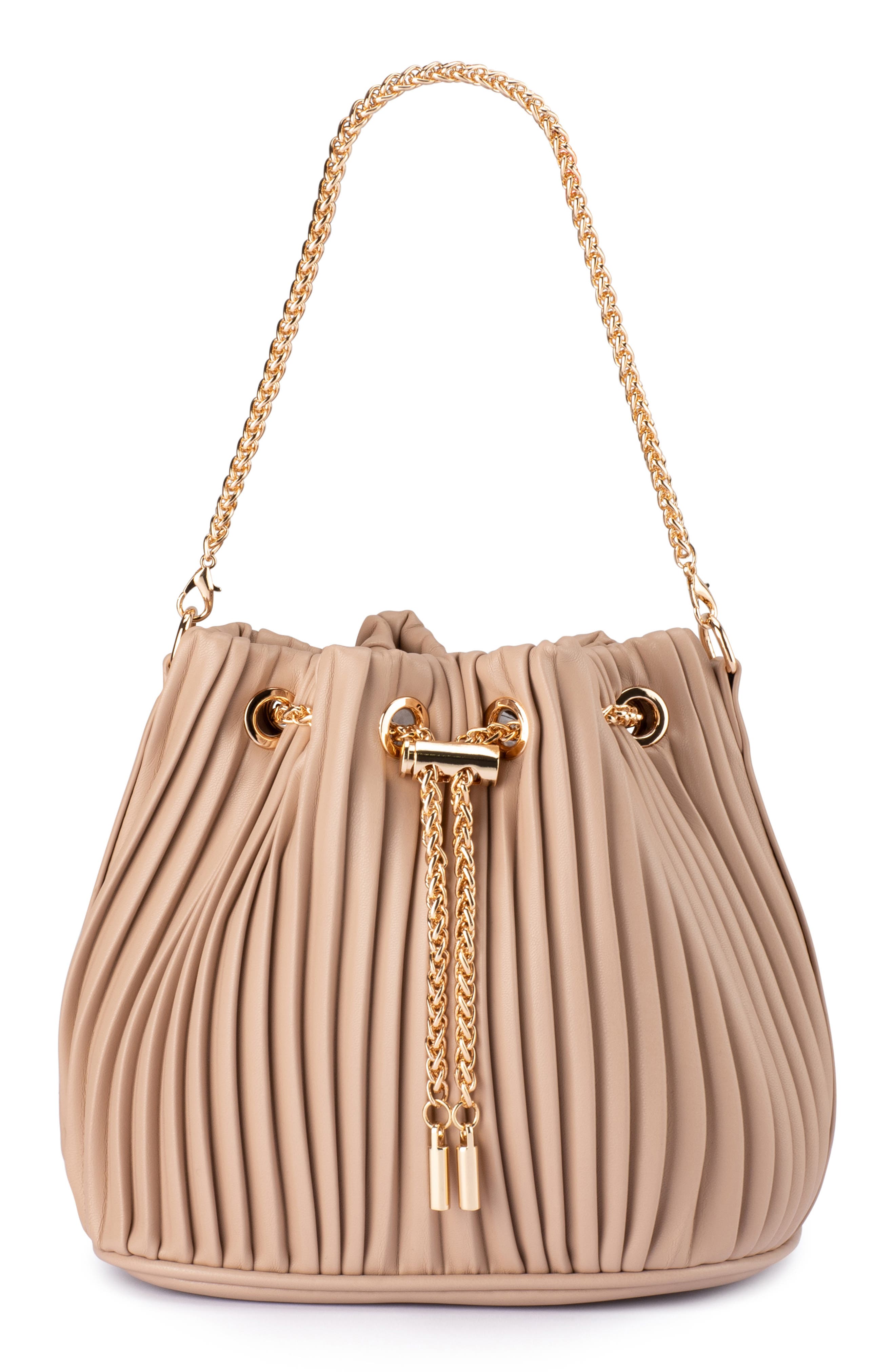 Olga Berg Remi Pleated Faux Leather Drawstring Bucket Bag in Natural 