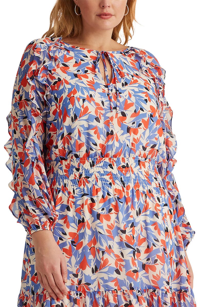 Ralph Lauren Ruffle Long Sleeve Crinkled Georgette Dress, Alternate, color, Blue/ Orange Multi