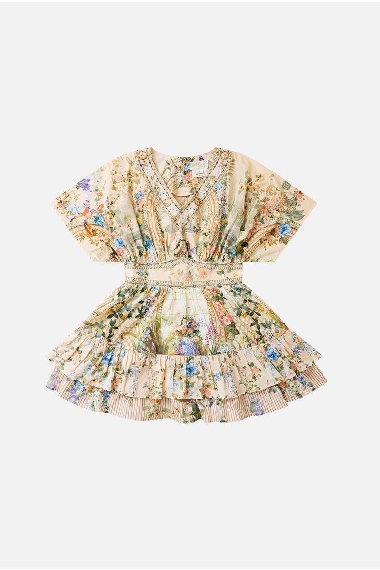 Kids V Neck Mini Dress W Layered Frill Hem, Main, color, Midsummer Masterpiece