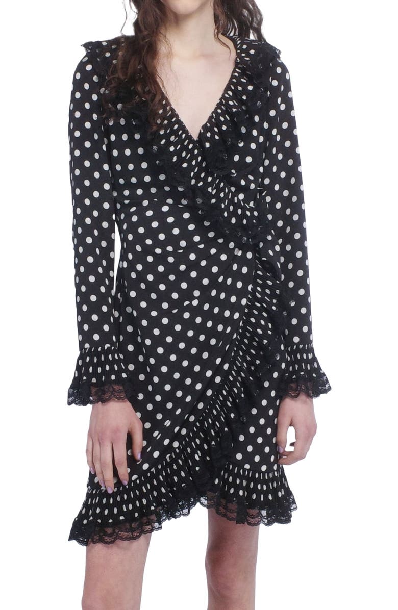 Anna Sui Polka Dot Pleated Wrap Dress, Alternate, color, Black Muti