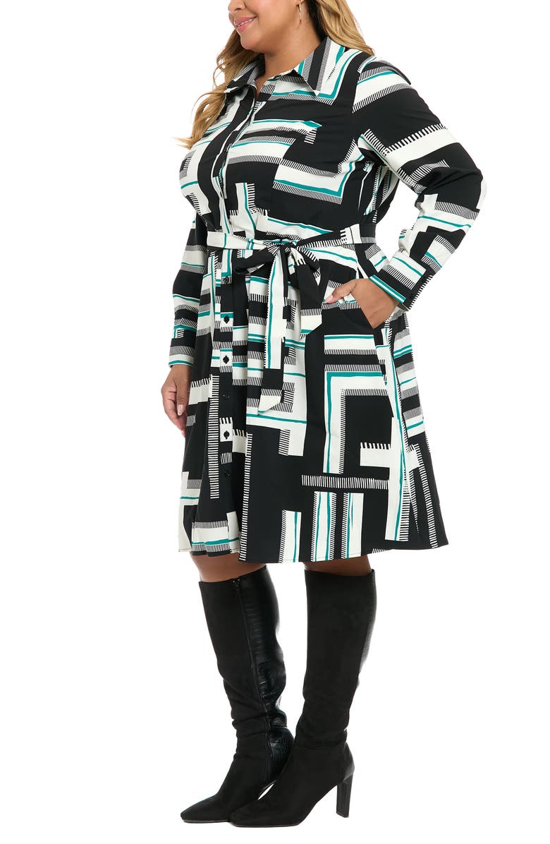London Times Geo Print Long Sleeve Shirtdress, Alternate, color, Black/ Green