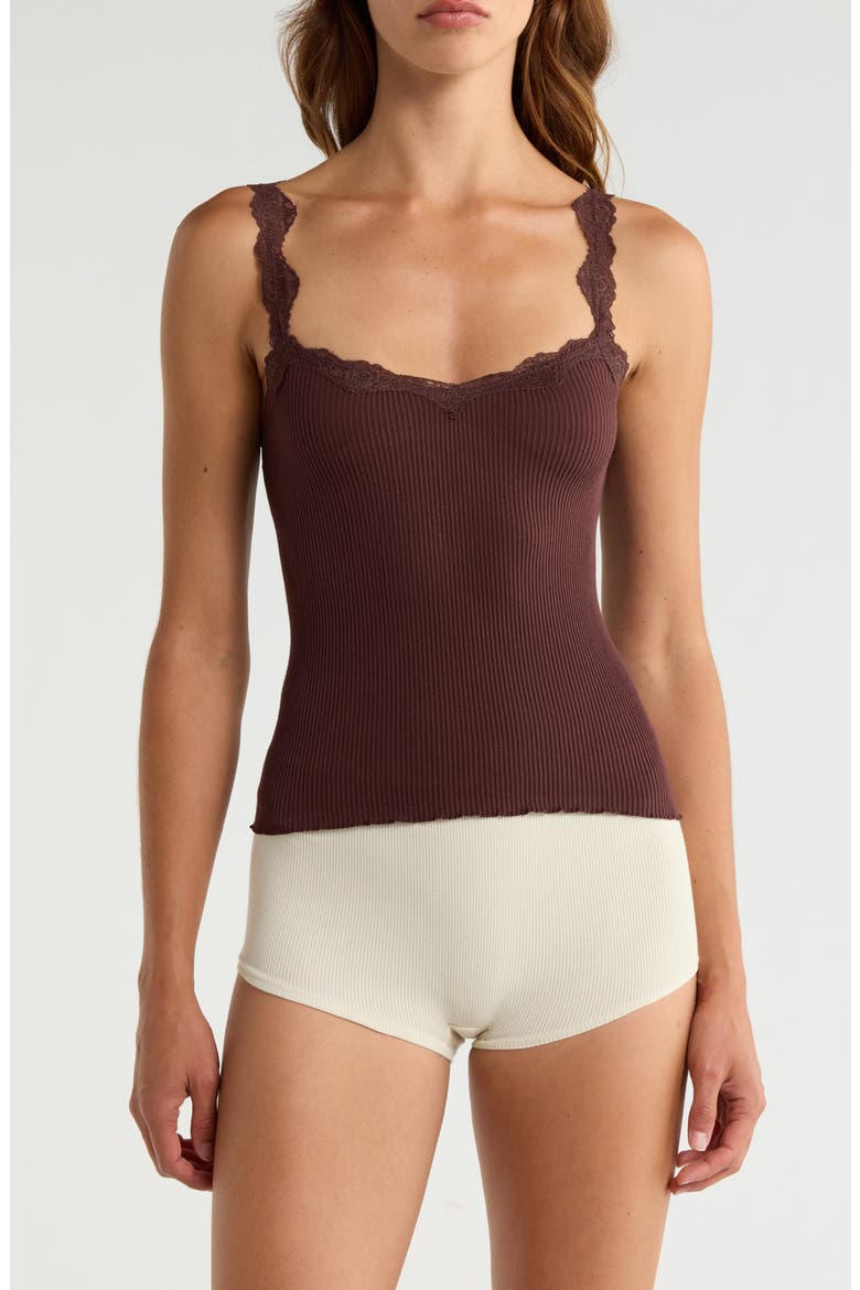 Spring Fever Rib Lace Trim Camisole, Main, color, CHOCOLATE
