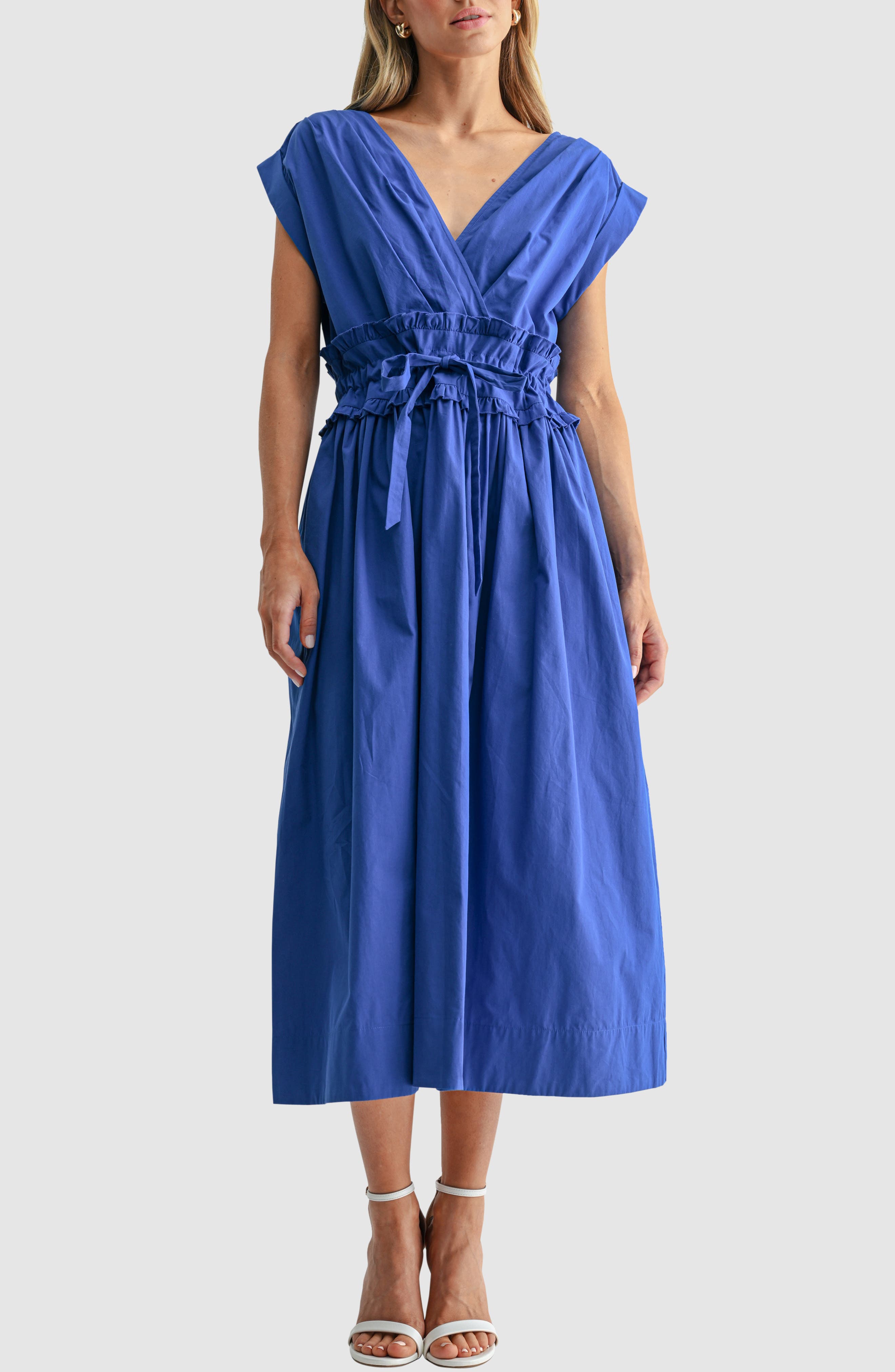 V-Neck Tie Waist Midi Dress