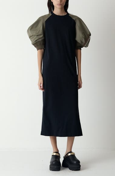 ■sacai■サカイ■Puff Sleeve Cotton Jersey & Nylon Dress■ Sacai Puff Sleeve Cotton Jersey & Nylon Twill Dress | Nordstrom