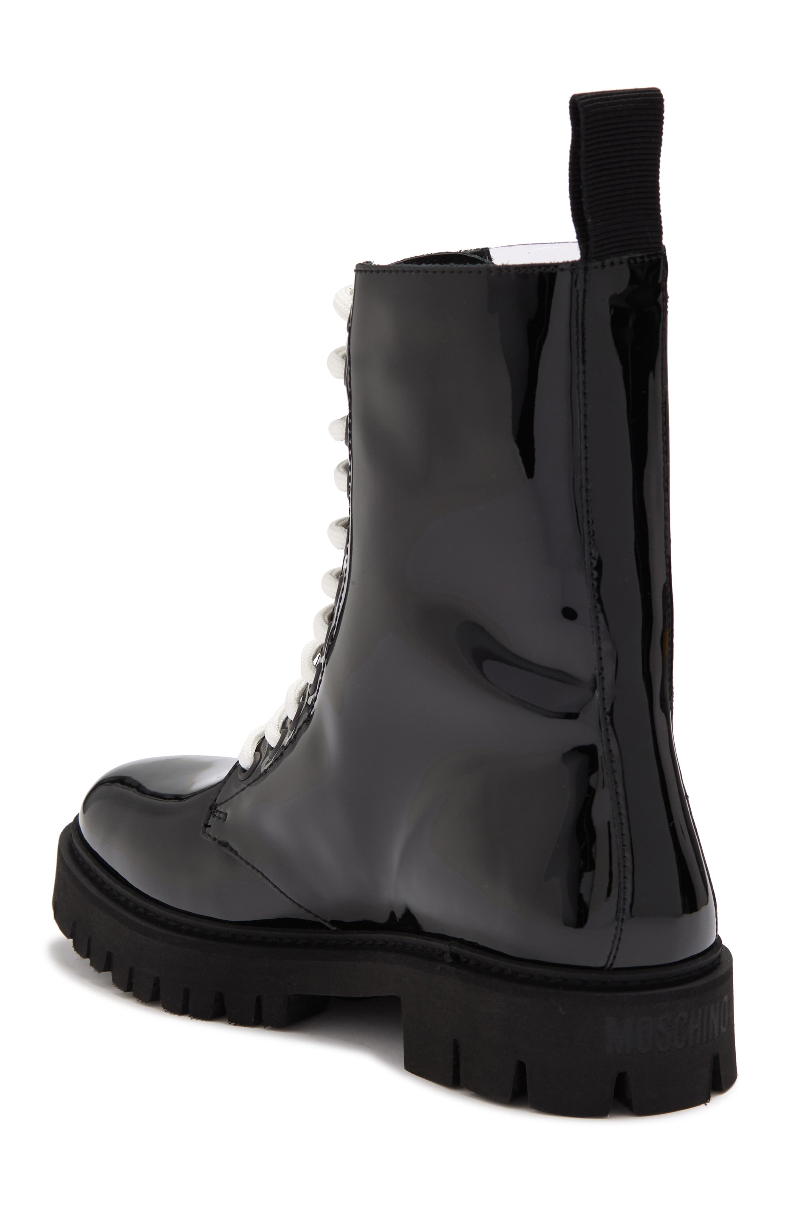 Moschino Logo Patent Combat Boot, Alternate, color, 