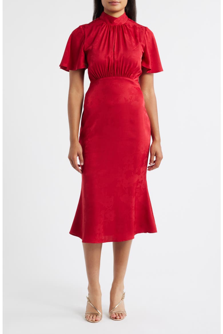 Floral Jacquard Satin Flutter Sleeve Midi Dress, Main, color, RED