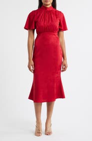 Julia Jordan Floral Jacquard Satin Flutter Sleeve Midi Dress