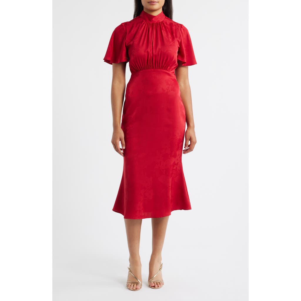 Julia Jordan Floral Jacquard Satin Flutter Sleeve Midi Dress In Red
