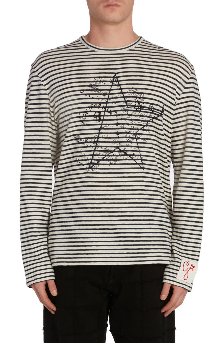 Golden Goose Embroidered Graffiti Stripe Cotton & Linen Long Sleeve T-Shirt, Main, color, Ecru/ Mazarine Blue