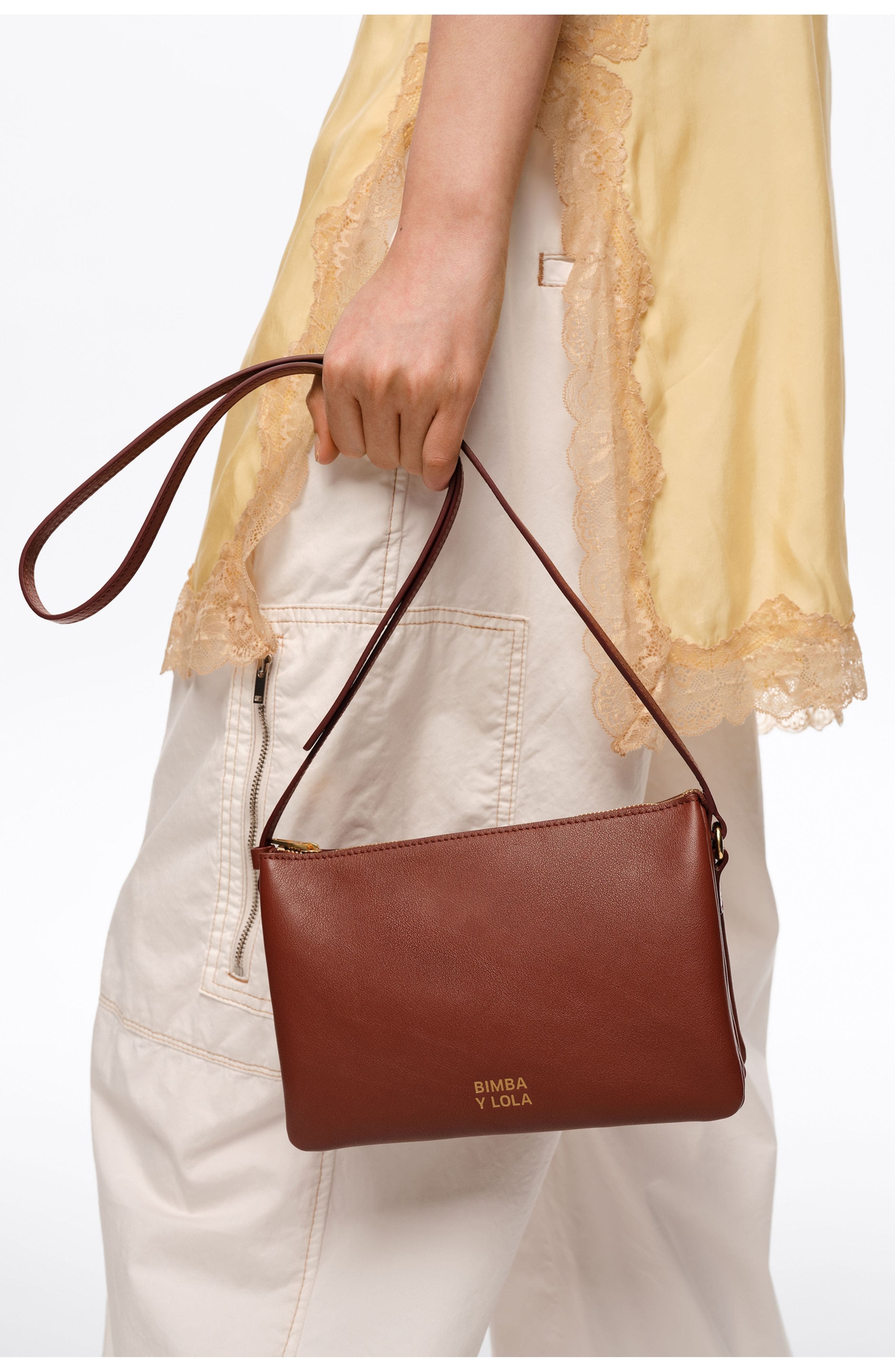 Bimba y Lola Mini Leather Triple Clutch Bag, Alternate, color, Nut