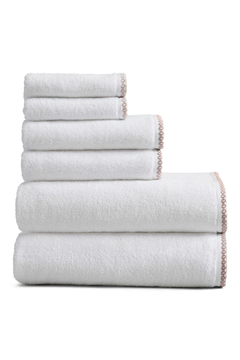 Border Stitch 6-Piece Cotton Towel Set, Main, color, WHITE/ROSEWOOD