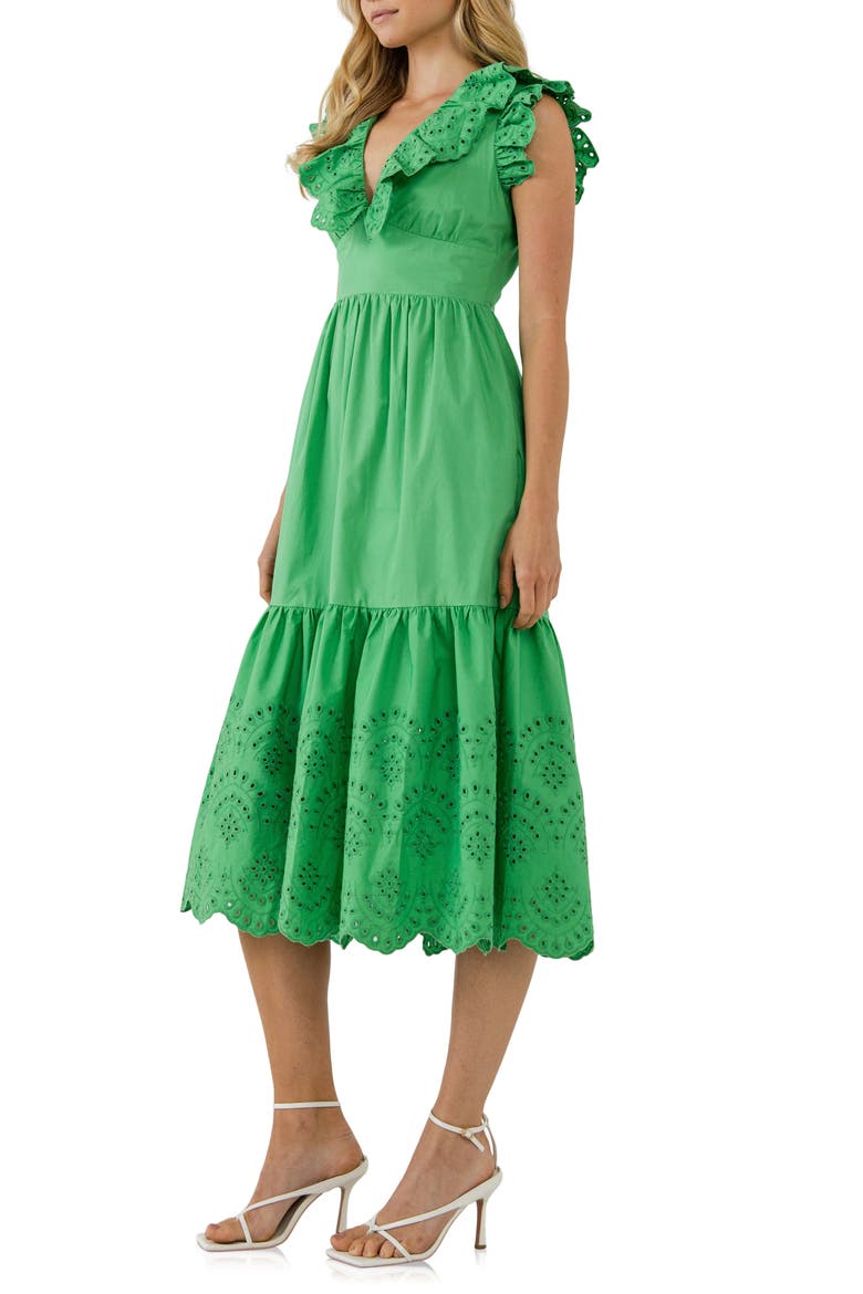 Eyelet Trim Cotton Midi Dress, Alternate, color, GREEN