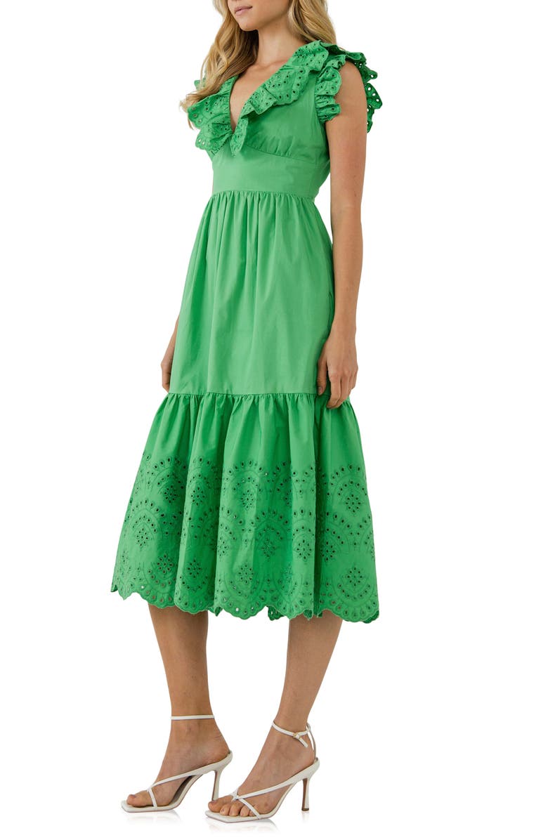 English Factory Eyelet Trim Cotton Midi Dress, Alternate, color, Green