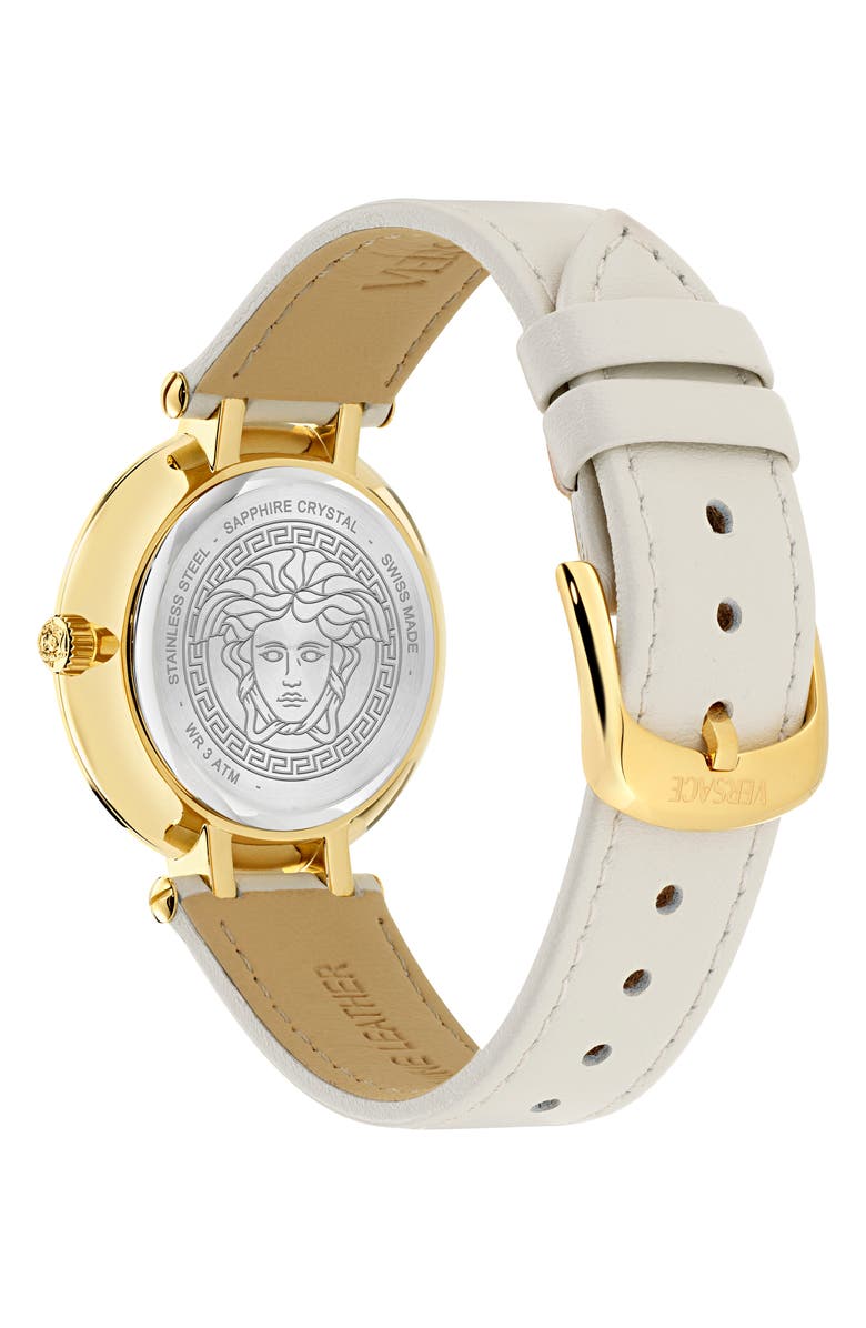 Versace Antlia Leather Strap Watch, 34mm, Alternate, color, Yellow Gold