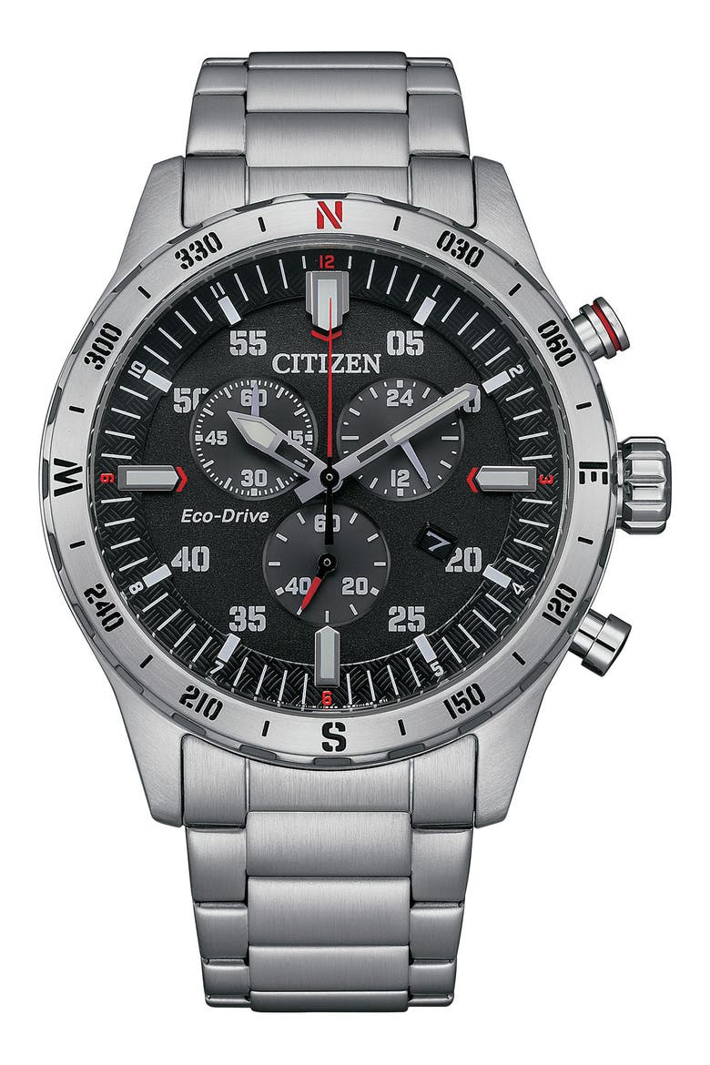 Eco-Drive Chronograph Bracelet Watch, 43mm, Main, color, SILVER