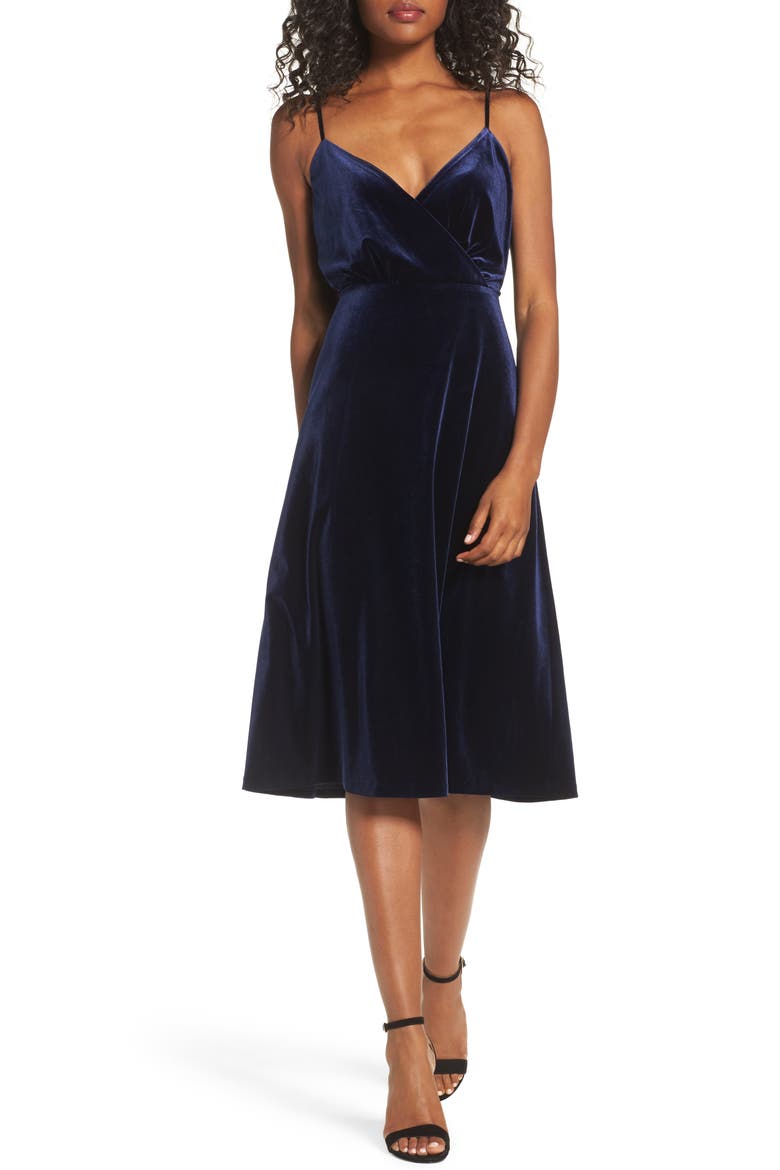 Sleeveless Velvet Faux Wrap Midi Dress, Main, color, NAVY