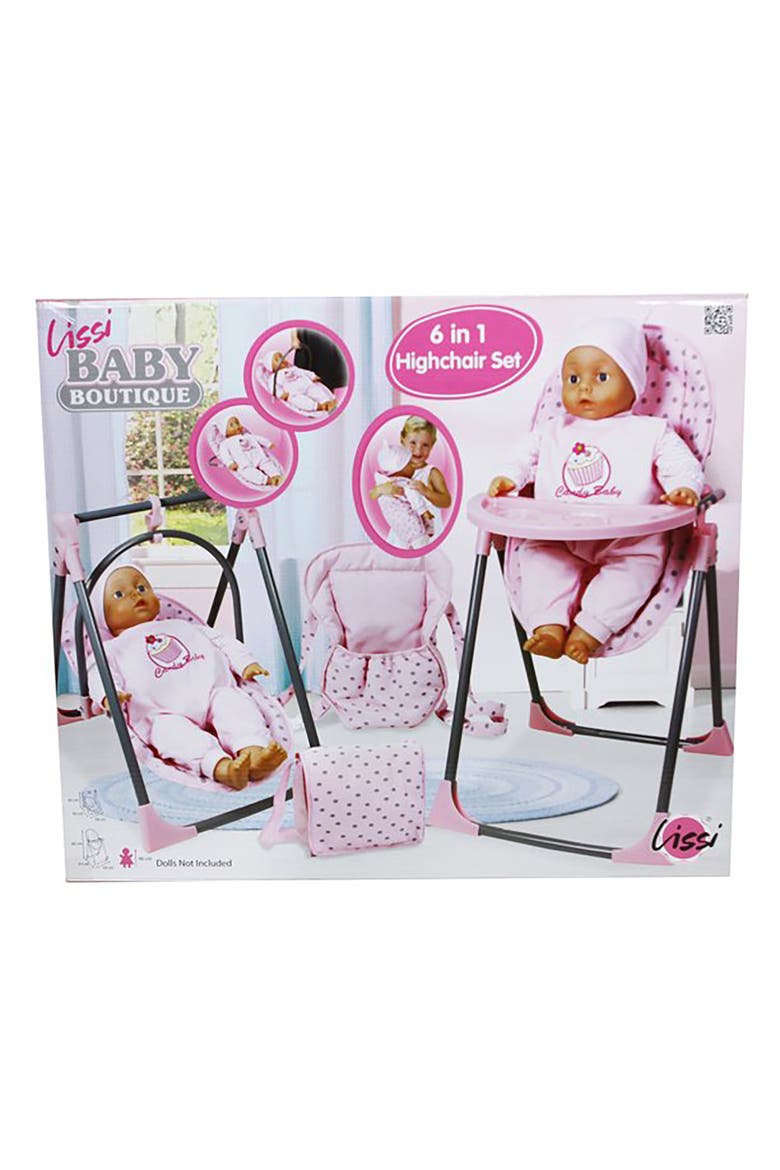 6 In 1 Convertible Highchair Play Set, Pink & Grey Polka Dot, Fits Up To 18 Inches, Alternate, color, Multicolored