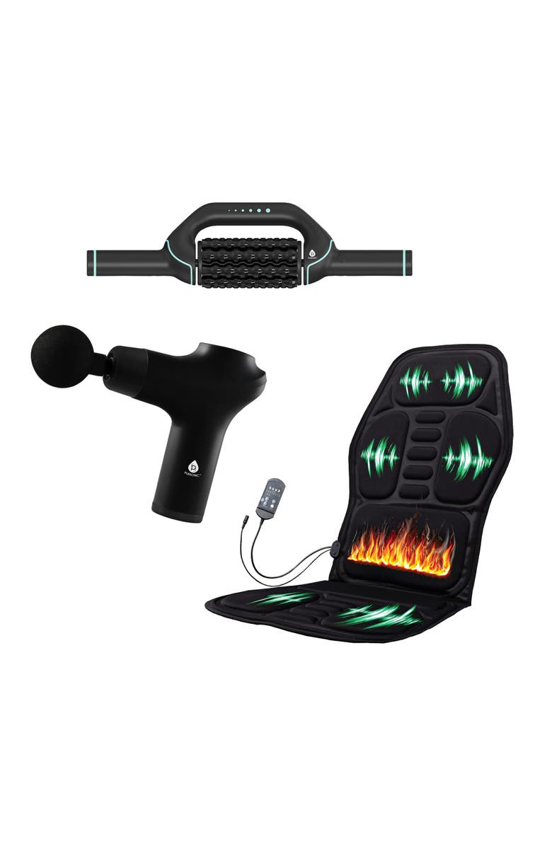 PURSONIC Ultimate Relaxation Bundle Heated Chair Mat, Rolling Massager, and 3-Speed Massage Gun, Main, color, Black