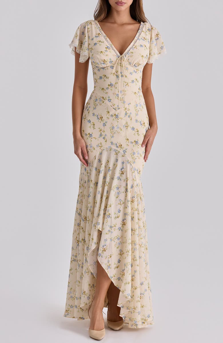 HOUSE OF CB Amina Floral Georgette High Low Cocktail Dress, Main, color, Lemon Floral