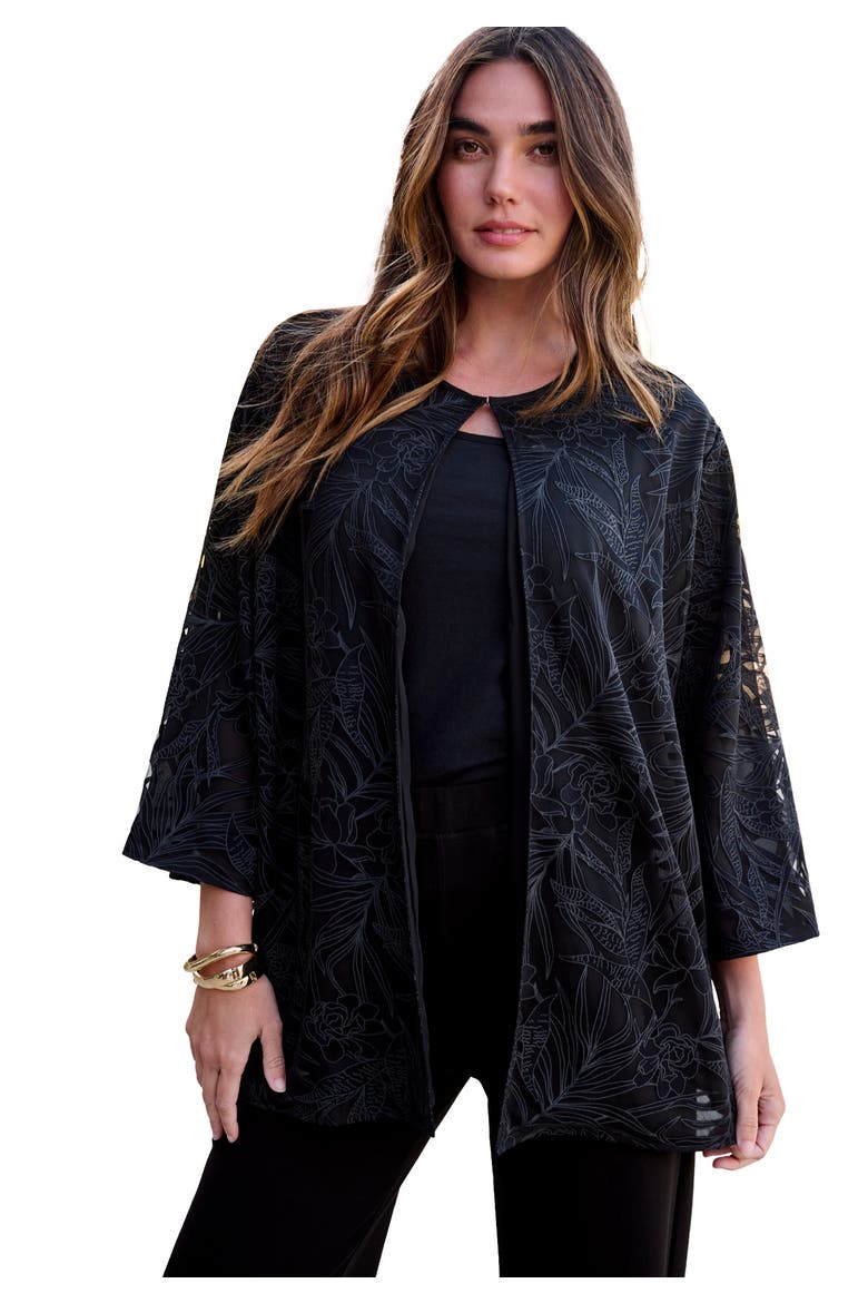 Plus Size Burnout Lace Bracelet Sleeve Jacket, Main, color, BLACK