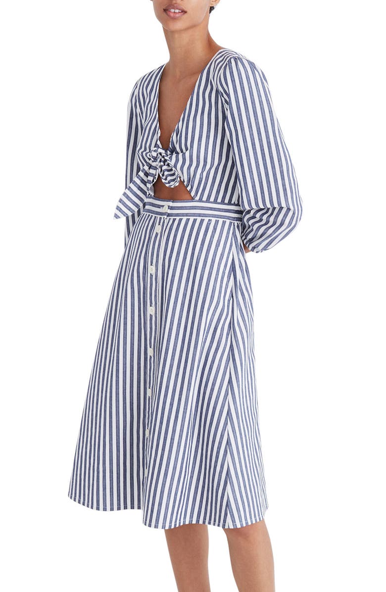 Madewell Shimmer Stripe Cutout Midi Dress, Main, color, 
