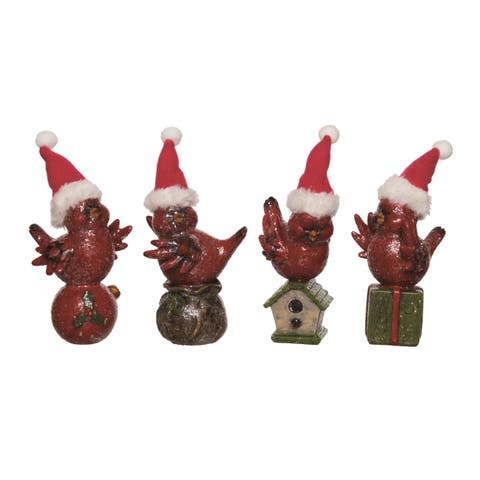 Resin Cute Sitting Cardinal Hat Set of 4 Christmas Decor