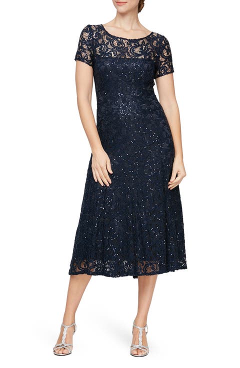 Cap Sleeve Metallic Lace Dress (Petite)