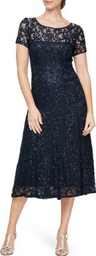 SL FASHIONS Cap Sleeve Metallic Lace Dress