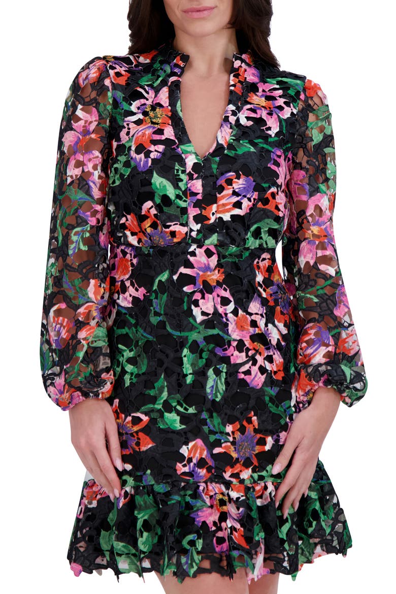 Printed Lace Long Sleeve Minidress, Alternate, color, BLACK MULTI