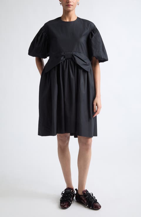 Gathered Bow Puff Sleeve Cotton Dress