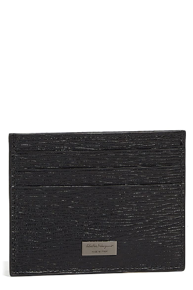 Salvatore Ferragamo Revival Textured Leather Card Case, Main, color, NERO