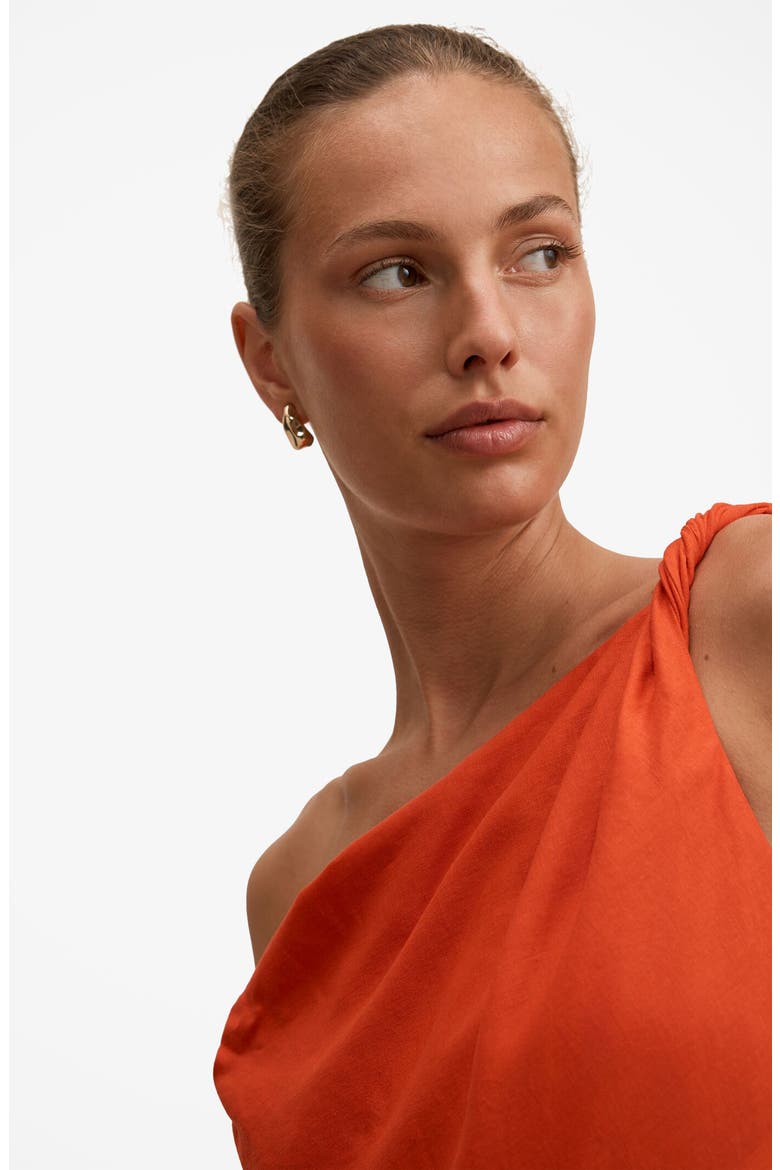 Vinetta One-Shoulder Linen Blend Midi Dress, Alternate, color, SPICY ORANGE