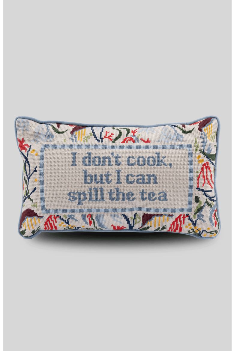 Spill the Tea Needlepoint Pillow, Main, color, Light Blue