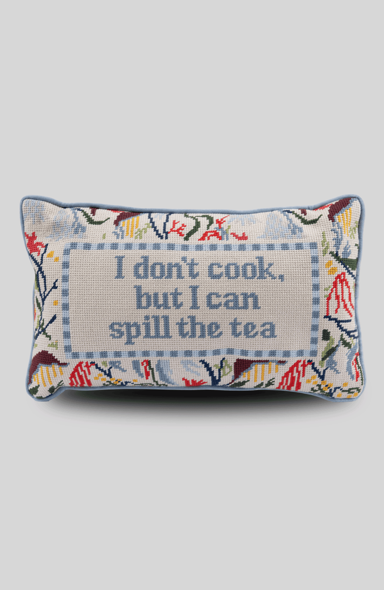 Furbish Spill the Tea Needlepoint Pillow, Main, color, Light Blue