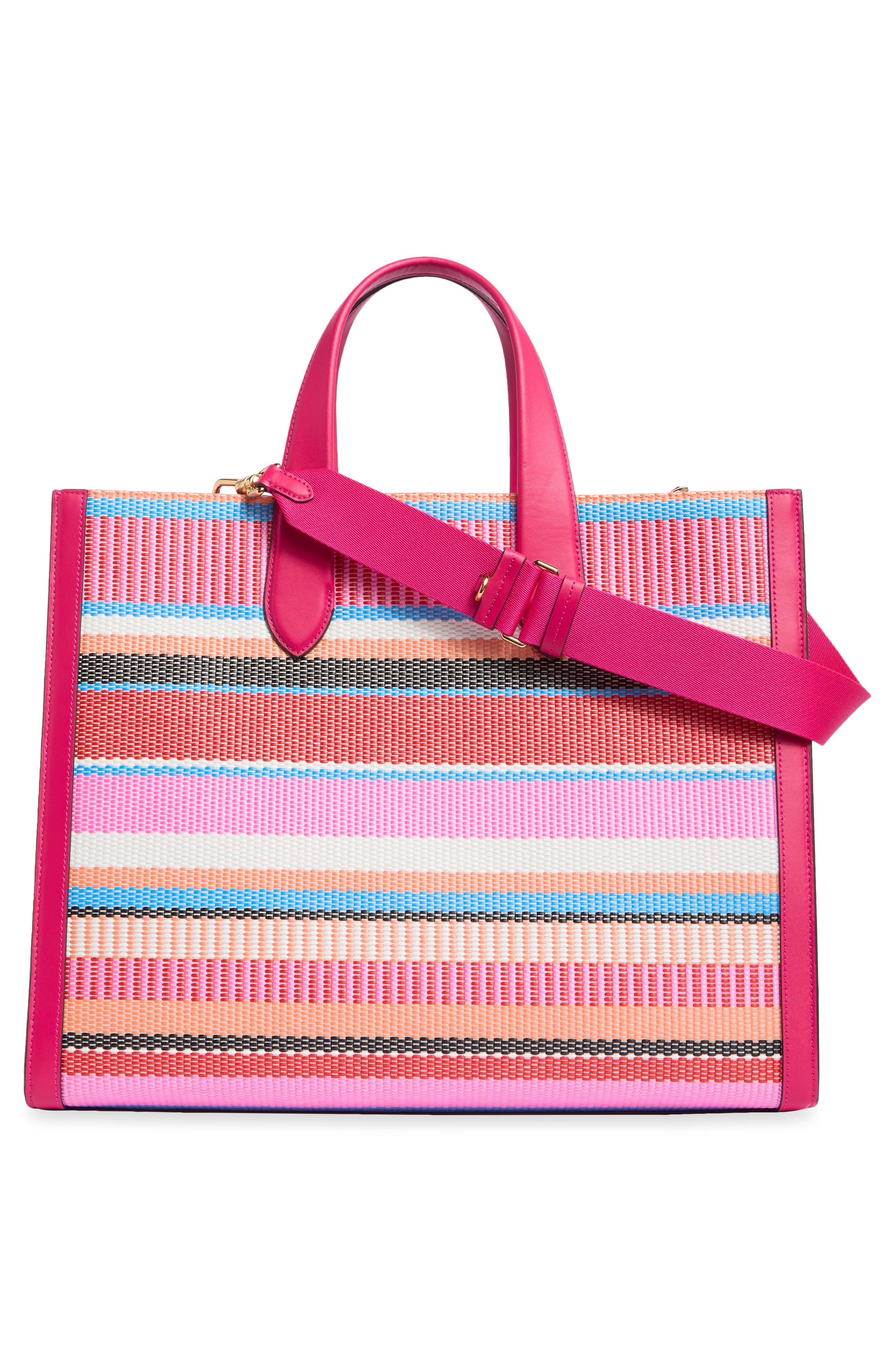Manhattan Large Striped Woven Straw Tote, Alternate, color, WILD RASPBERRY MULTI