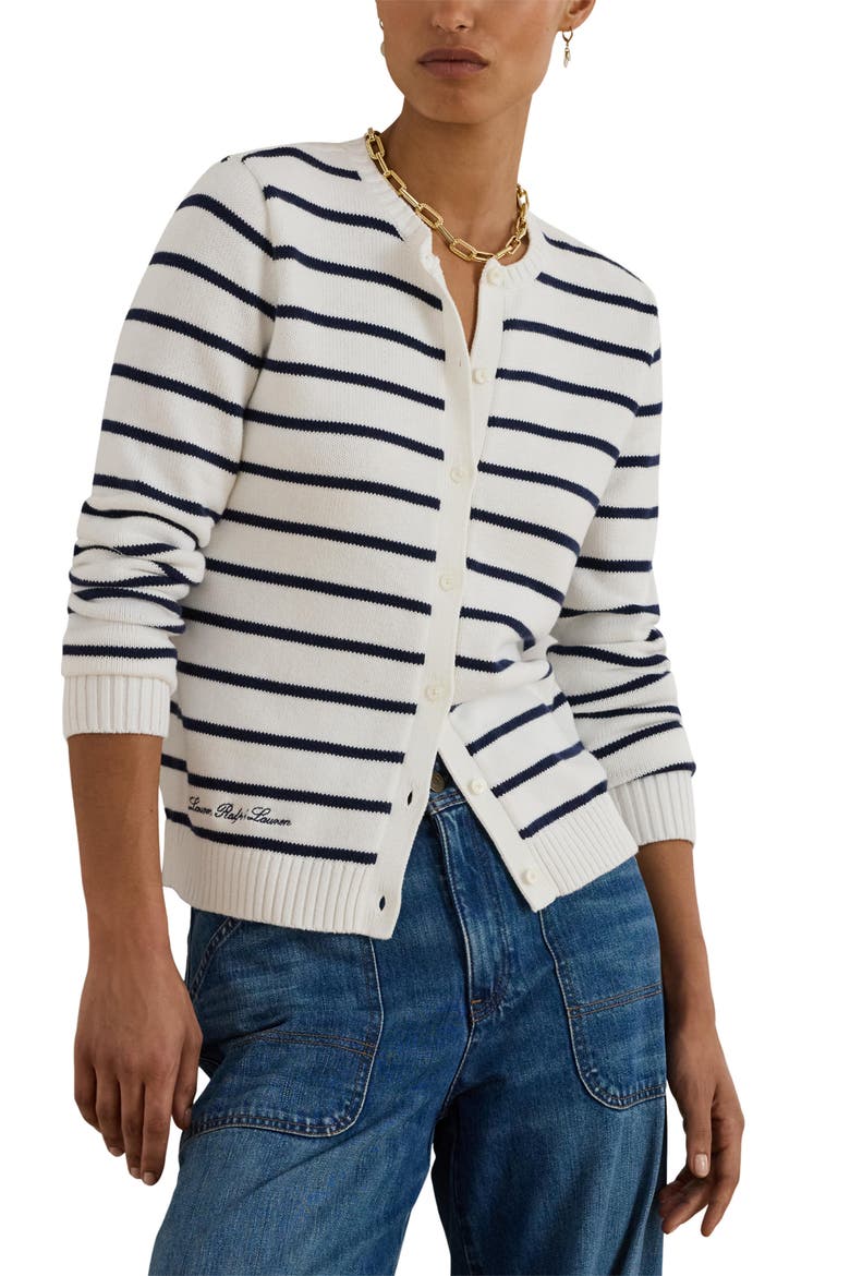 Striped Cotton Cardigan, Main, color, WHITE/ REFINED NAVY
