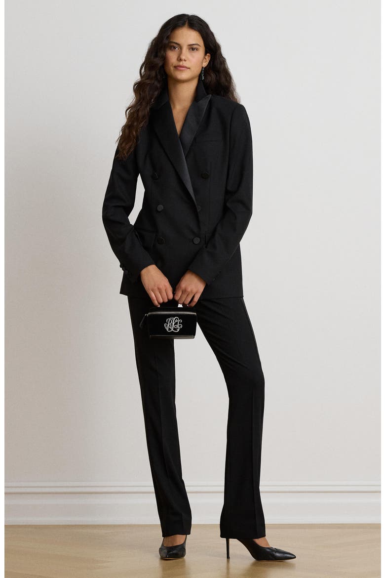 Satin-Trimmed Double Breasted Stretch Wool Blazer, Alternate, color, BLACK